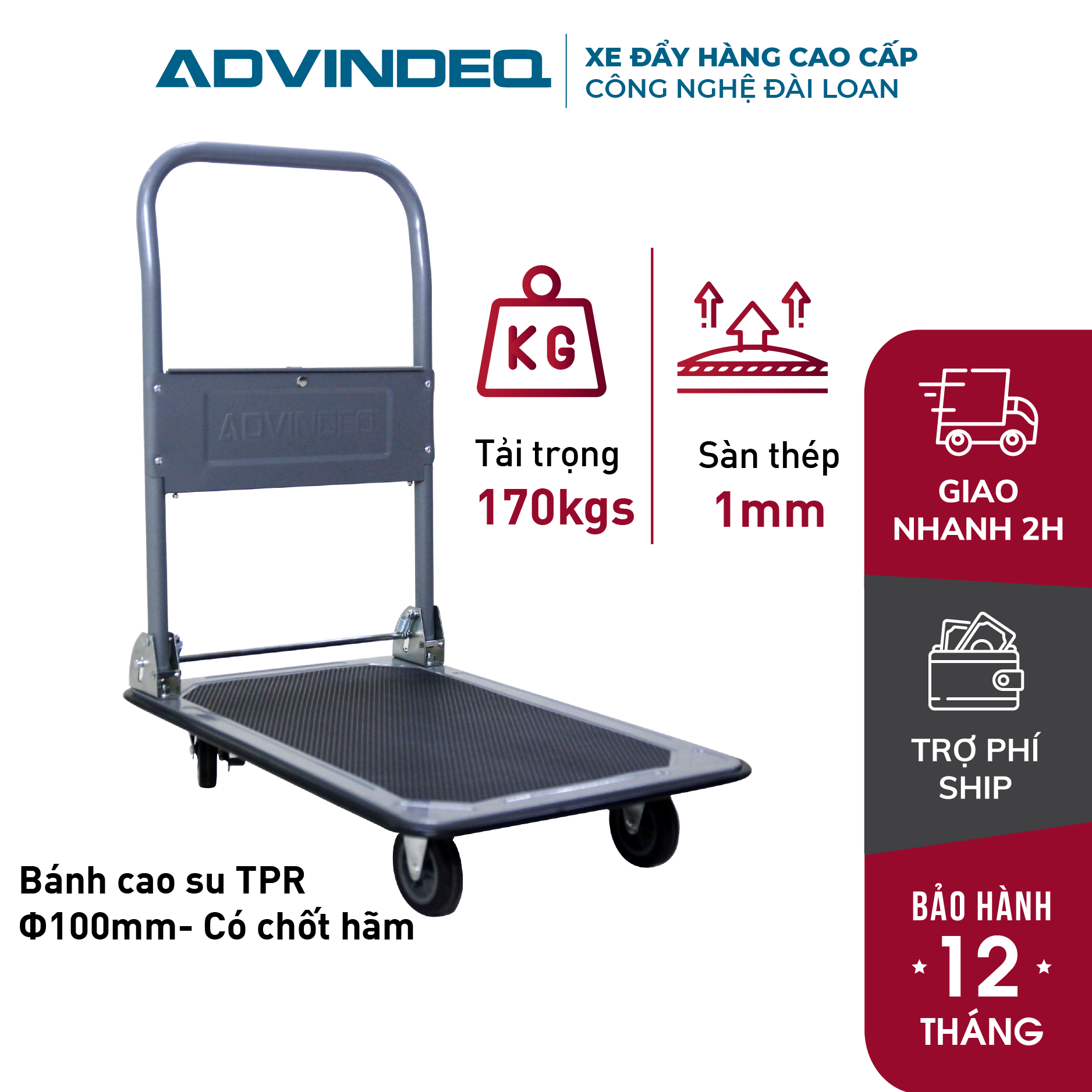 Xe đẩy hàng 4 bánh tải trọng 170kg sàn thép Advindeq TL-170, xe kéo hàng gấp gọn nhập khẩu cao cấp