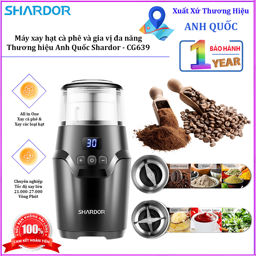 Máy xay hạt cà phê và gia vị đa năng, thương hiệu Anh Quốc cao cấp Shardor - CG639. Hàng chính hãng
