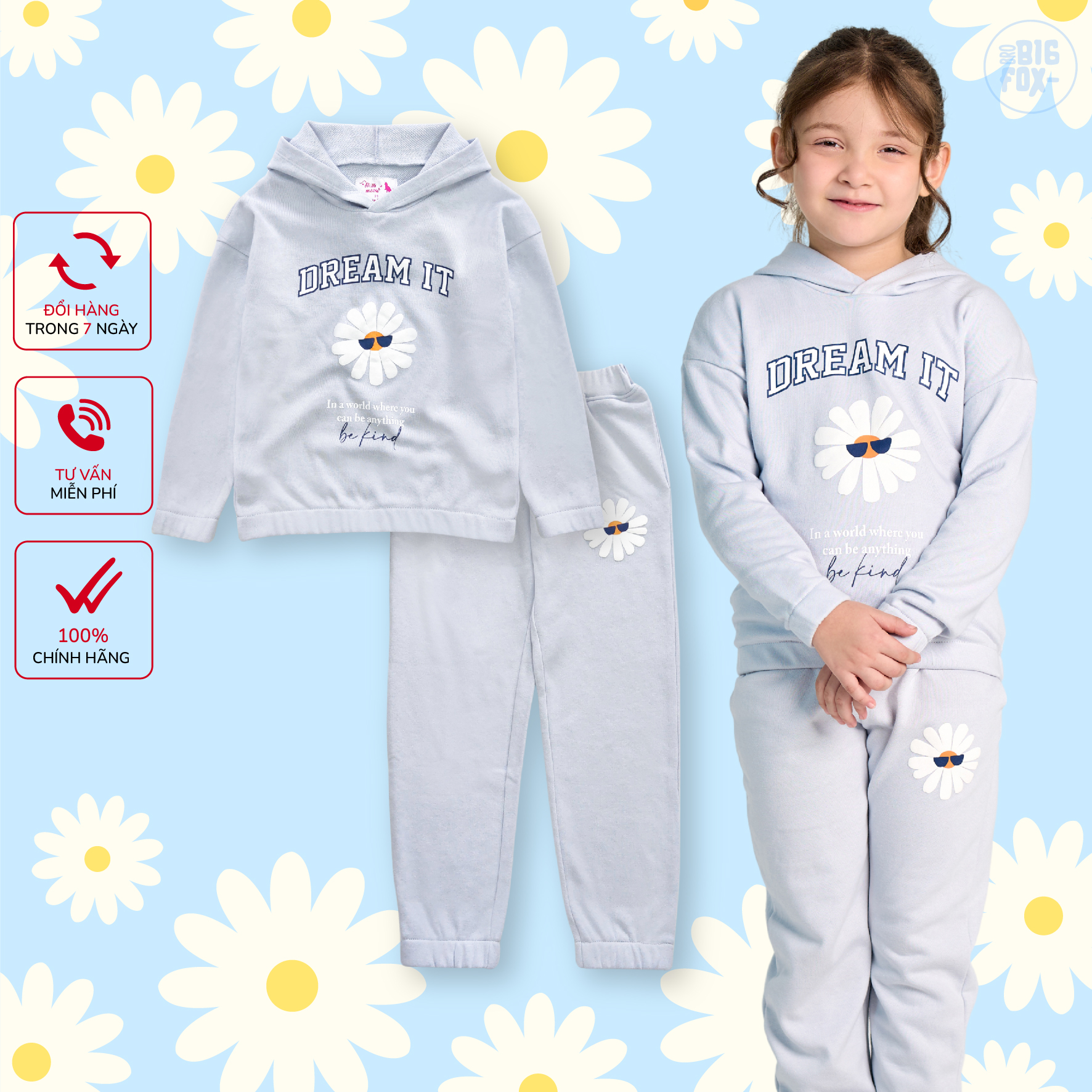 Bộ nỉ bé gái size đại Bigfox Miss Meow, bộ thu đông cho bé vải nỉ in hoa cúc Dream It size trẻ em 7,8,9,...15