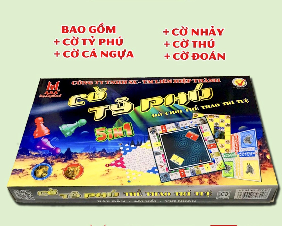 Bộ Cờ Tỷ Phú Cao Cấp 5in1, Hàng Việt Nam Chất Lượng Cao- Gồm : Cờ Nhảy-Cờ Đoan-Cờ Cá Ngựa -  Cờ Thú - Cờ Tỷ Phú