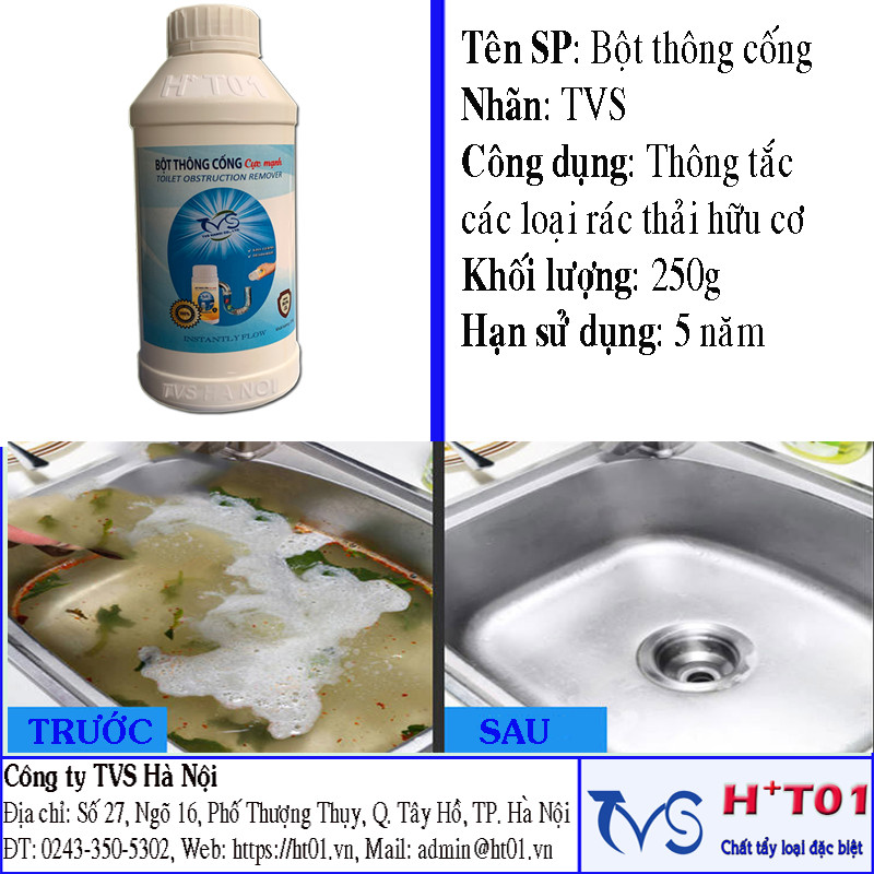 Bột thông cống loại mạnh TVS 250Gam, bột thông cầu cống, chậu rửa mặt rửa bát, bột thông tắc đường ống, cầu cống