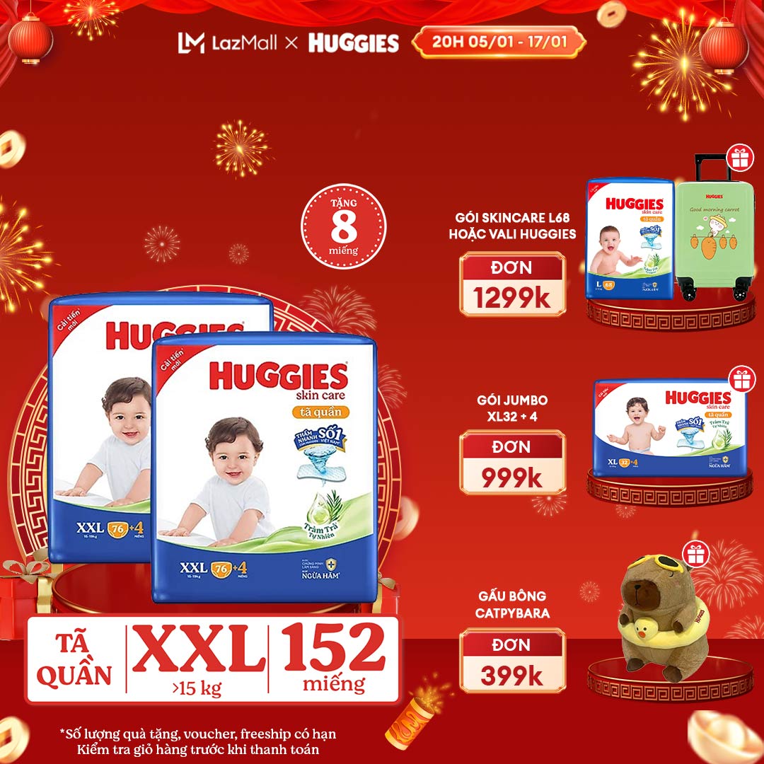 CHỈ 20H 0517.01 GIẢM THÊM 90K Combo 2 Gói Tã/bỉm quần HUGGIES SKINCARE MEGA JUMBO size XXL764 miếng