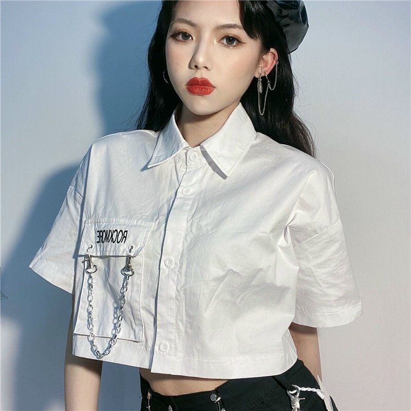 ÁO SƠ MI KIỂU CROPTOP,ÁO ĐÍNH DÂY XÍCH(na)