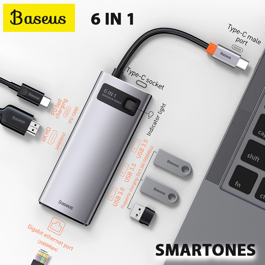 Bộ USB Hub type C Baseus Metal Gleam 6 in 1 100W, USB 3.0 *3 , HDMI *1 , PD*1, RJ45 cho laptop, và điện thoại