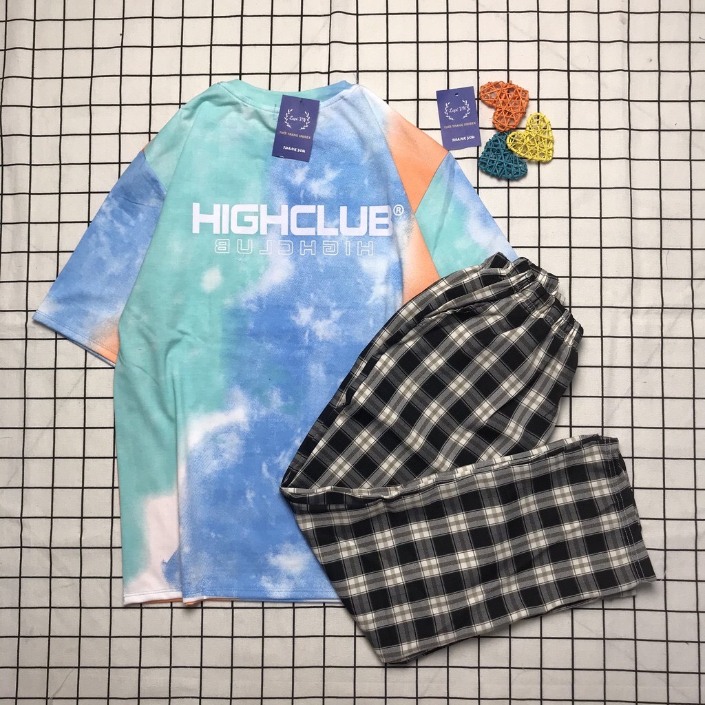 Đồ Bộ Loang Màu Highclubb + Quần Caro Cạp Cao Hàn Quốc Hot Hòn Họt , Đồ Bộ Unisex, Đồ Bộ Hàn Quốc, Đồ Bộ Dài Cartoon TTSLB0105