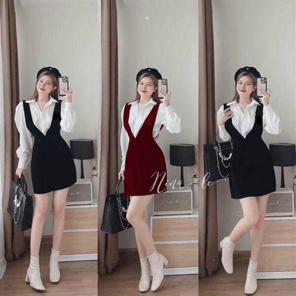 Sét đầm nhung + áo sơ mi cá tính