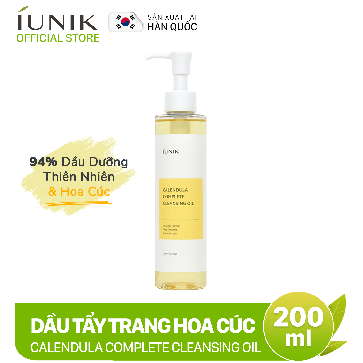 Dầu tẩy trang hoa cúc IUNIK Calendula Complete Cleansing Oil 200ml