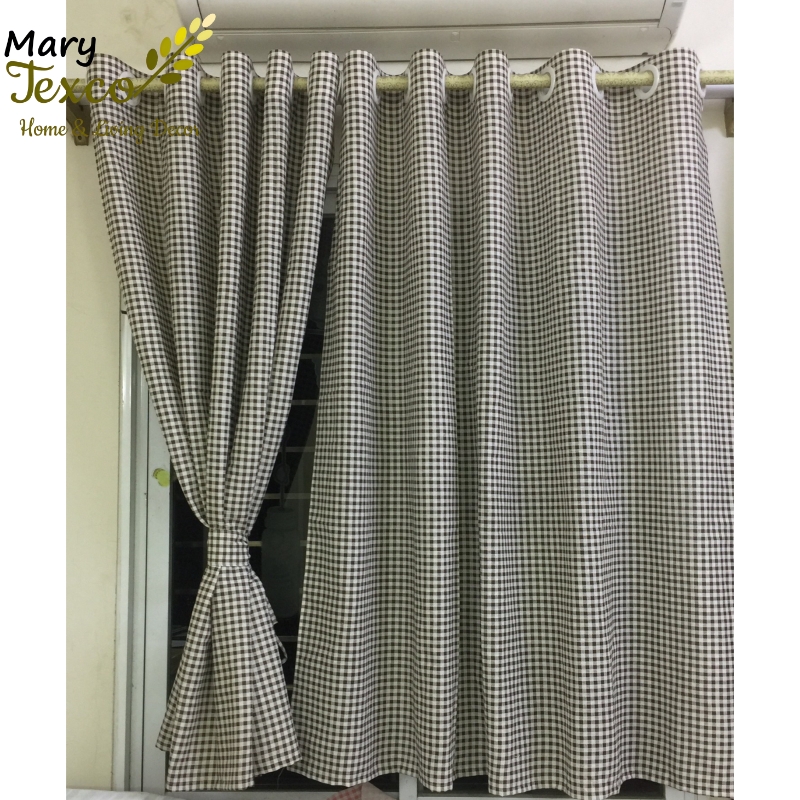 Rèm cửa Mary Texco đẹp chống nắng nhiều mẫu mã cực rẻ, hoàn thiện đục lỗ ô rê, ốp khoen nhựa trắng D45 mm - họa tiết Caro nâu -R-G08