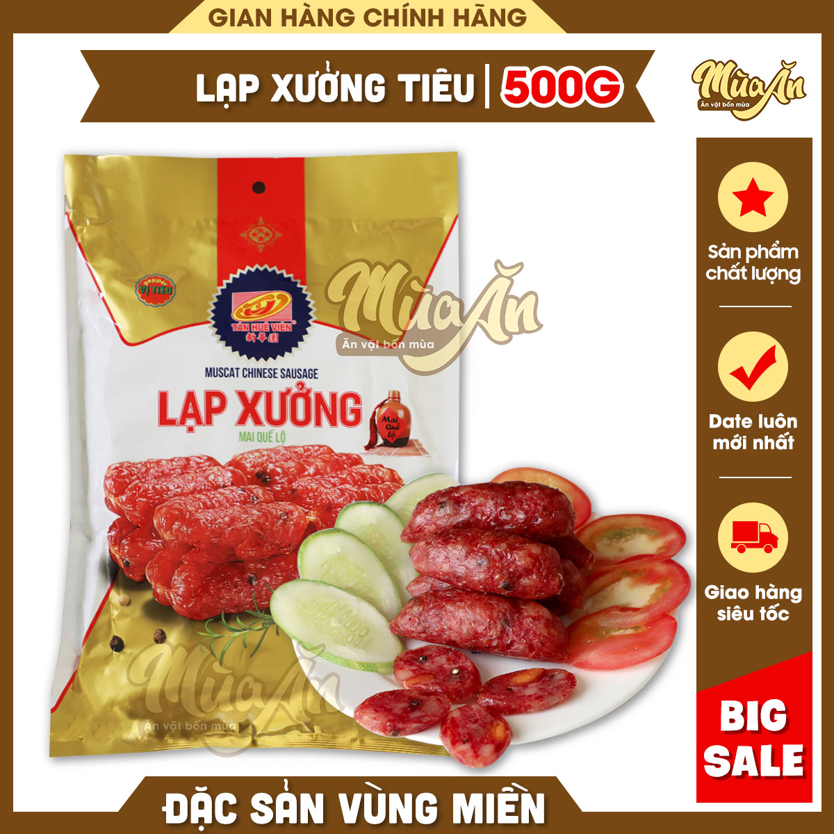Lạp xưởng tiêu Tân Huê Viên Mai Quế Lộ, đặc sản lạp xưởng Sóc Trăng chính gốc túi 500g,Lạp xưởng tết 2023