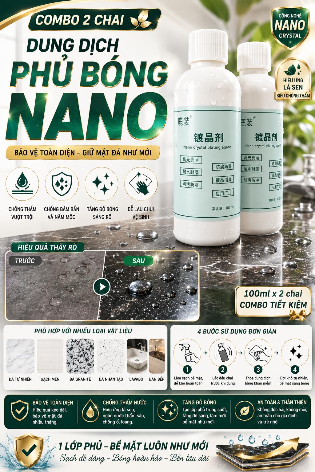 DUNG DỊCH PHỦ BÓNG NANO ĐA NĂNG COMBO 2 CHAI 100ML | PHỦ BÓNG ĐÁ GRANITE CHỐNG THẤM TĂNG ĐỘ BÓNG