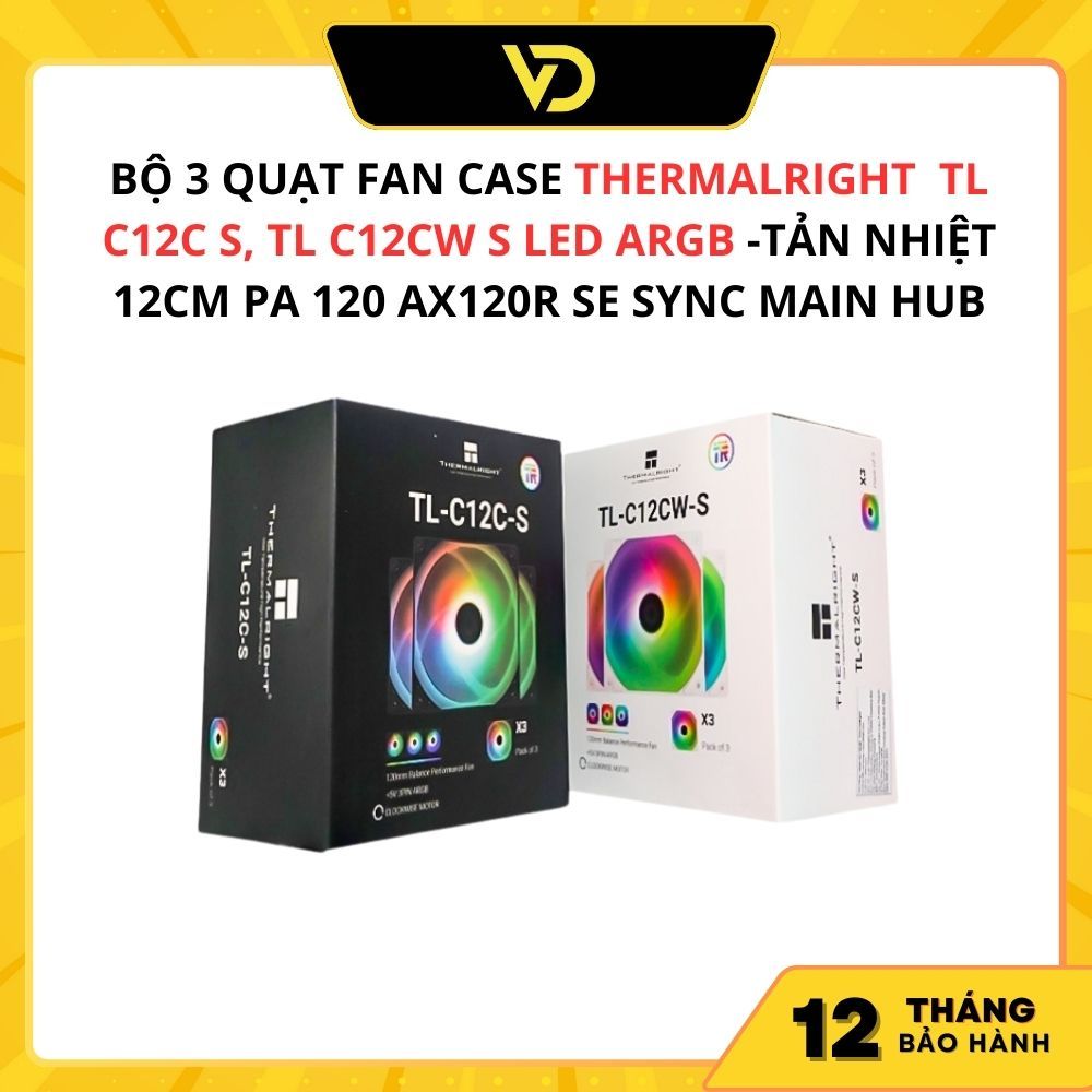 Bộ 3 quạt fan case thermalright tl c12c s, tl c12cw s led argb -tản nhiệt 12cm pa 120 ax120r se sync main hub