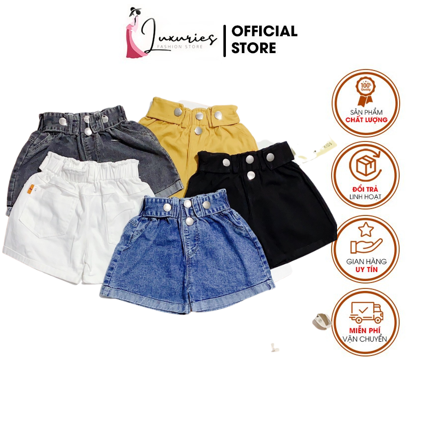 Quần đùi-sot Jeans,kaki bé gái đóng nút cạp cao. Quần bò+ kaki co giãn dễ phối đồ, Luxuries- Store QBG01, bé mang đi chơi, đi học size từ 18-30Kg, 2-5 tuổi