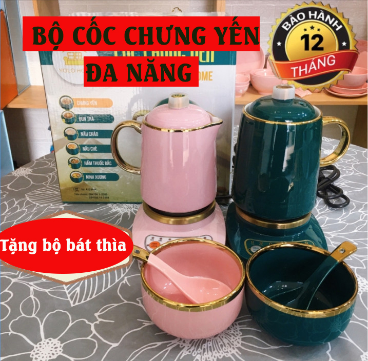 [ TẶNG BỘ BÁT THÌA ] Cốc Chưng Yến - Cốc sứ điện đa năng - Kèm đế điện - Dung tích 500ml - Cốc Điện Mini Đa Năng Hầm, Hâm, Ủ Cháo,  Giữ Nóng Thức Ăn, Giữ Nhiệt, Tiện Lợi - Bảng sử dụng tiếng việt