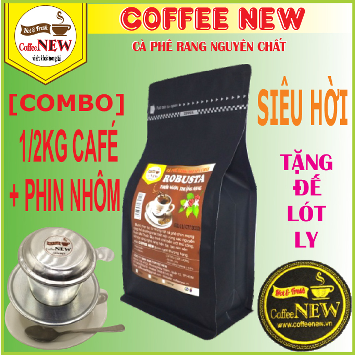 Combo Siêu Hời 500g Cà Phê Robusta Rang Mộc - Đắng Mạnh Mẽ - Gu Việt và 01Bộ Phin Nhôm Kèm Đế Lót Ly Thêu Nổi Logo - Coffee New