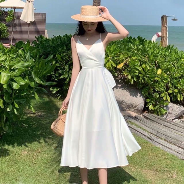Đầm maxi đi biển hở lưng cột nơ, Váy maxi đi biển Wenda A06