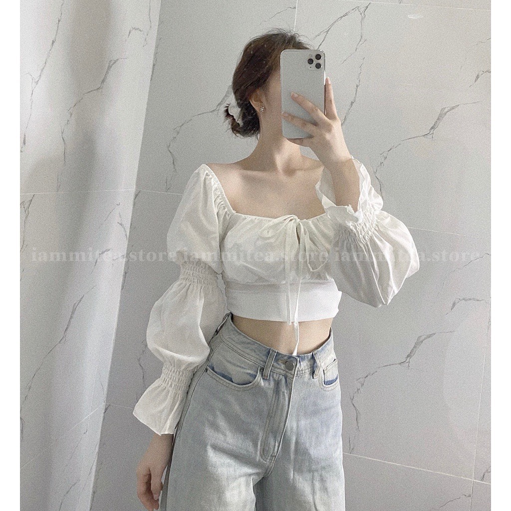 Áo Croptop Cổ Vuông Bẹt Vai Tay Dài Phồng Bo Eo Thắt Nơ Ngực Tiểu Thư Retro A5300