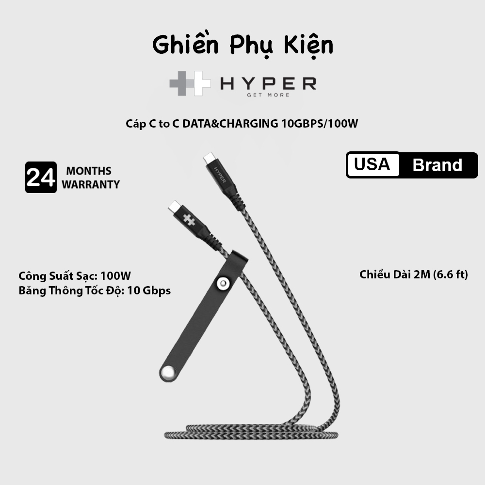 Cáp Hyper C To C 100W 2M Data Charging 10GBPS HD-CBG601 - Hàng Chính Hãng