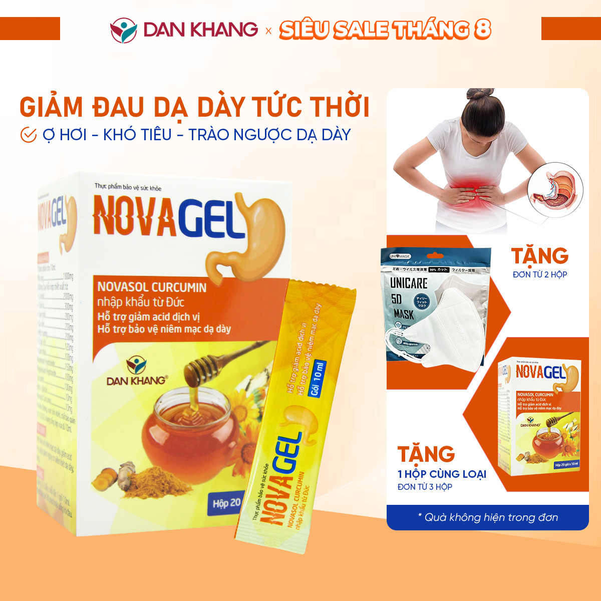 Gói uống giảm đau dạ dày Novagel giúp cải thiện tức thì các triệu chứng trào ngược dạ dày hộp 20 gói
