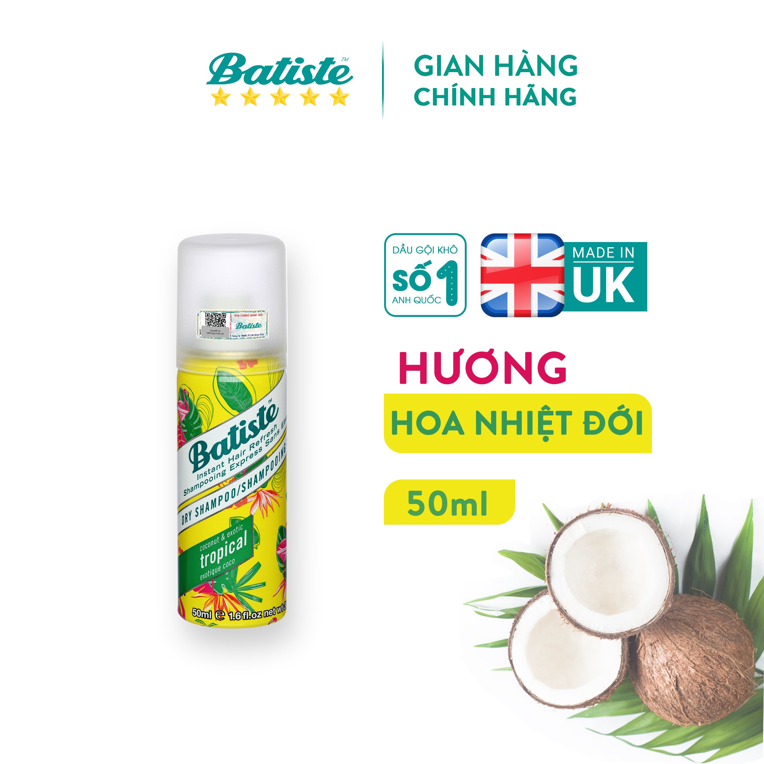 Dầu Gội Khô Batiste Hương Hoa Nhiệt Đới - Batiste Dry Shampoo Coconut & Exotic Tropical 50ml