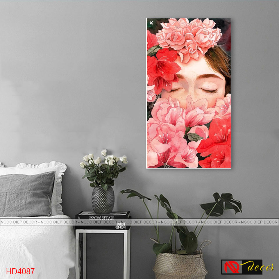 Tranh treo tường 3D nghệ thuật cô gái hoa hồng đỏ UD_45, tấm tranh đặc dày 1cm in sắc nét bo viền cao cấp, kèm đinh treo 3 chân