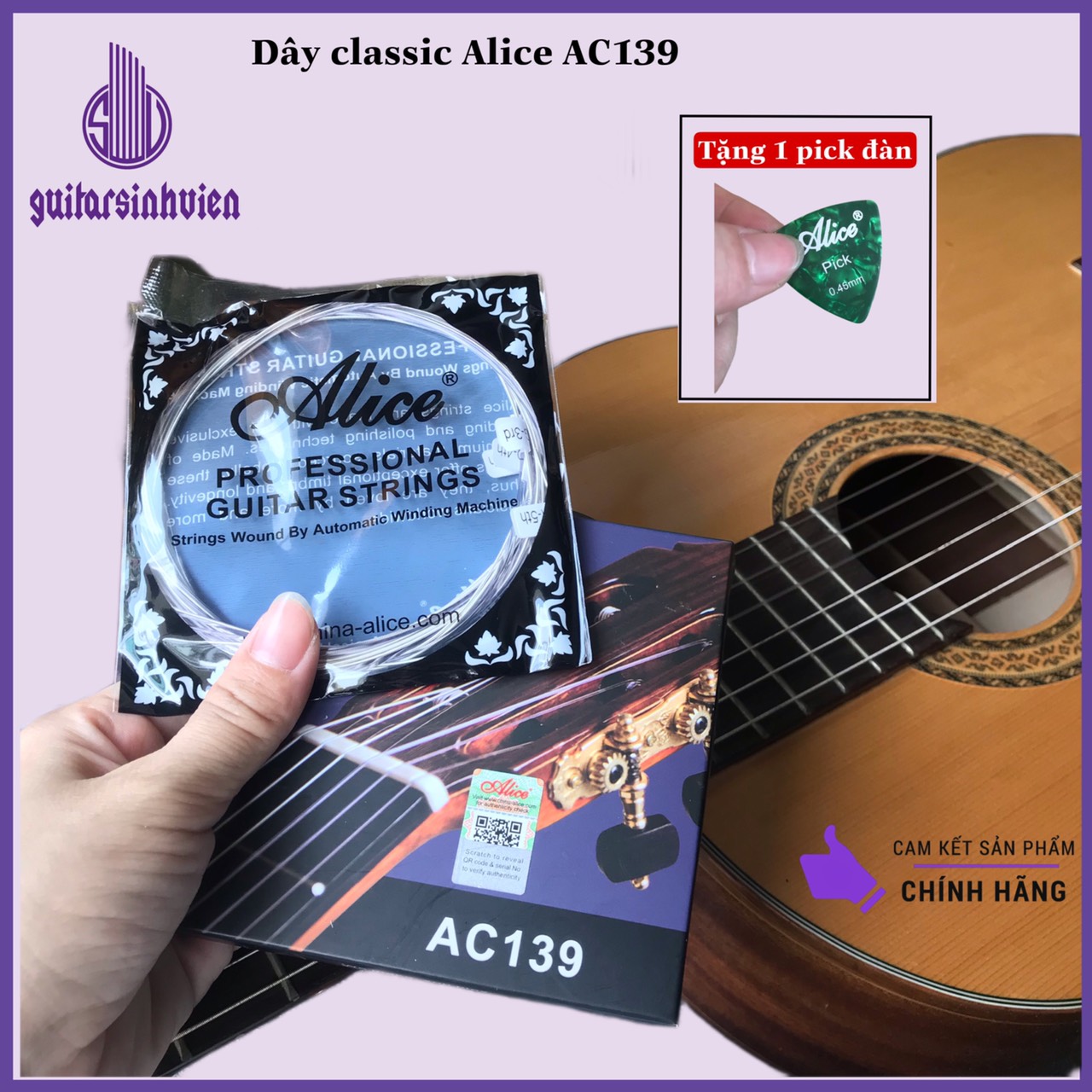Dây đàn classic ac139 - đủ bộ 6 dây - dây màu trắng bạc - tặng 1 pick alice