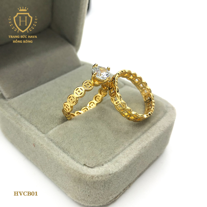 [Bộ Đôi Siêu Hot] Nhẫn Nữ Kim Tiền Đính Đá Và Nhẫn Kim Tiền Tài Lộc, Titan Xi Mạ Vàng 18k, 24k Cao Cấp - Trang Sức Hava Hong Kong