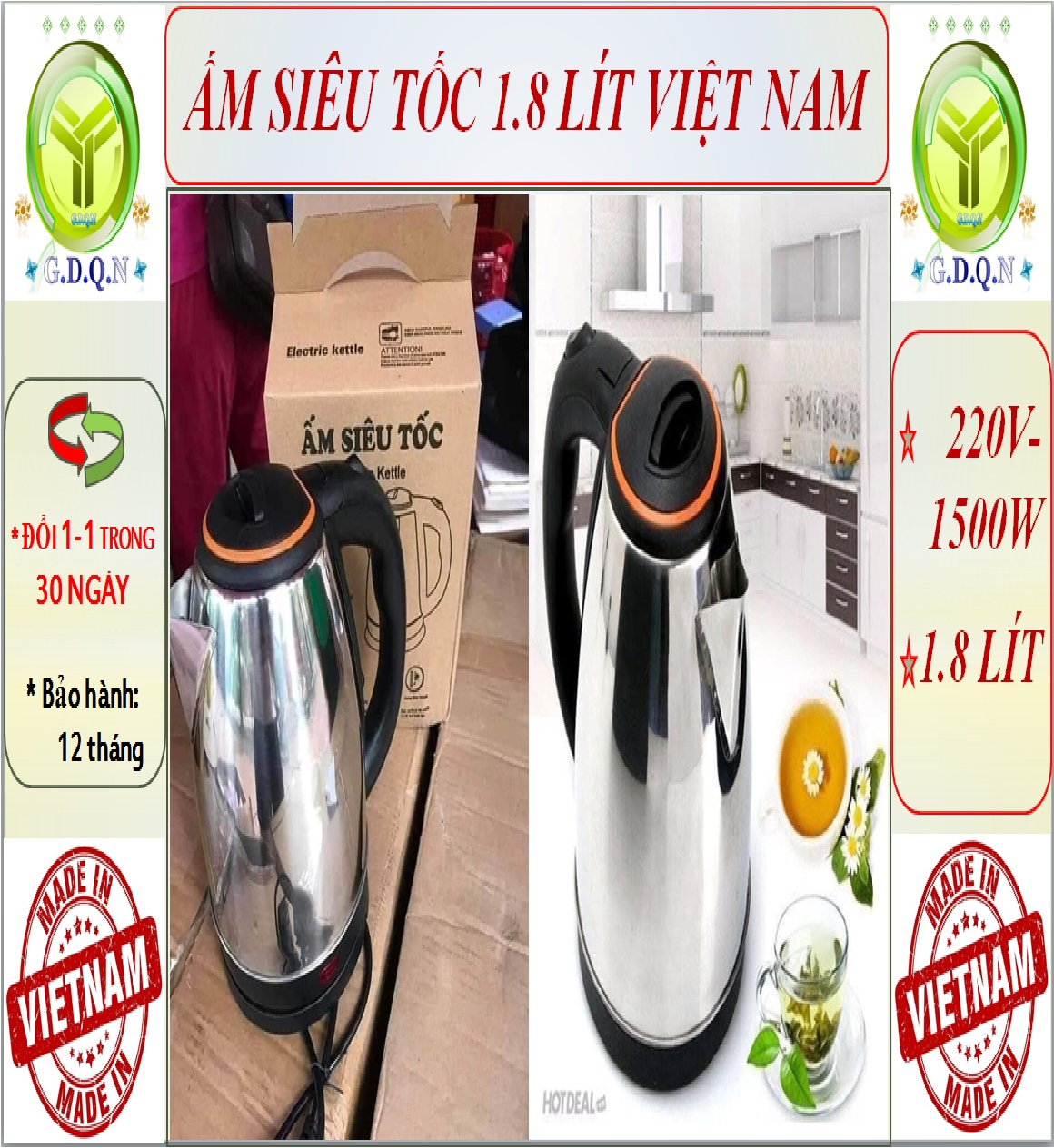 [Nội địa Việt Nam] Bảo hành 12 tháng] Ấm siêu tốc inox 1.8 lít cao cấp đun nước đạt chuẩn Việt Nam, ấm siêu tốc Electric Kettle đun nước trong 5 phút