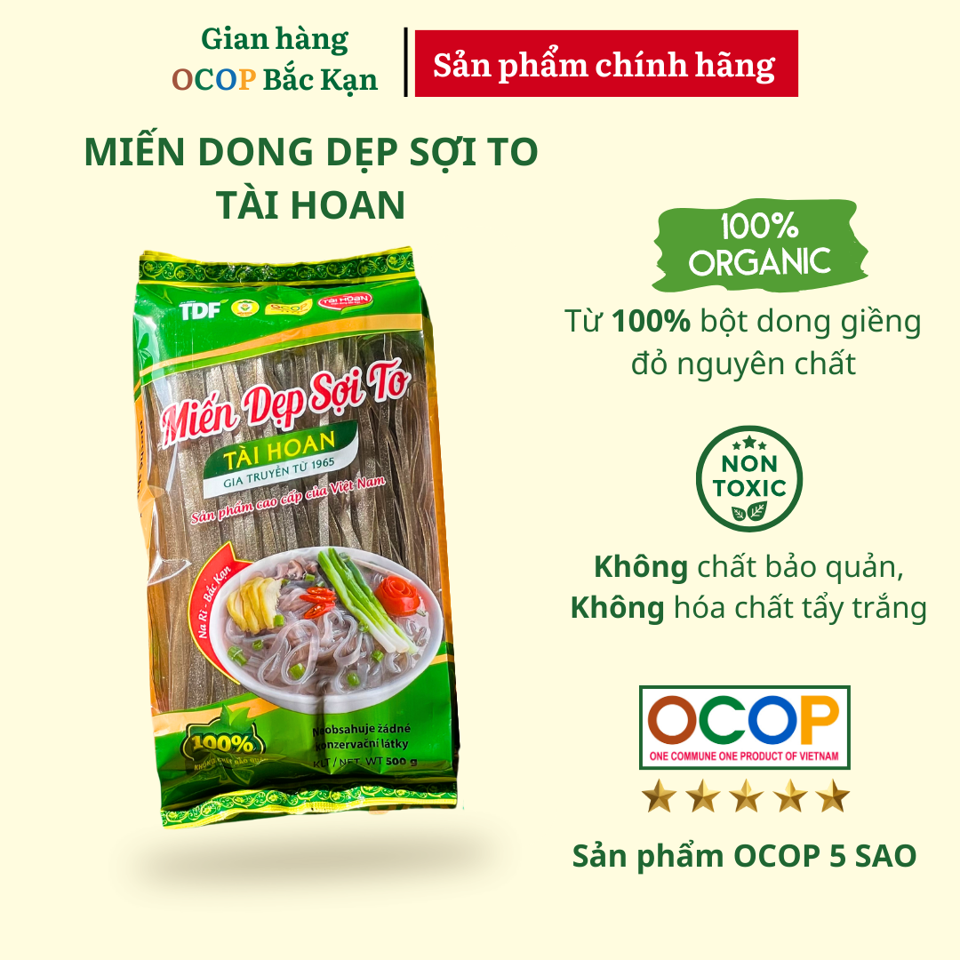 Miến dẹp sợi to Tài Hoan, siêu ngon, thanh mát từ bột dong giềng đỏ nguyên chất