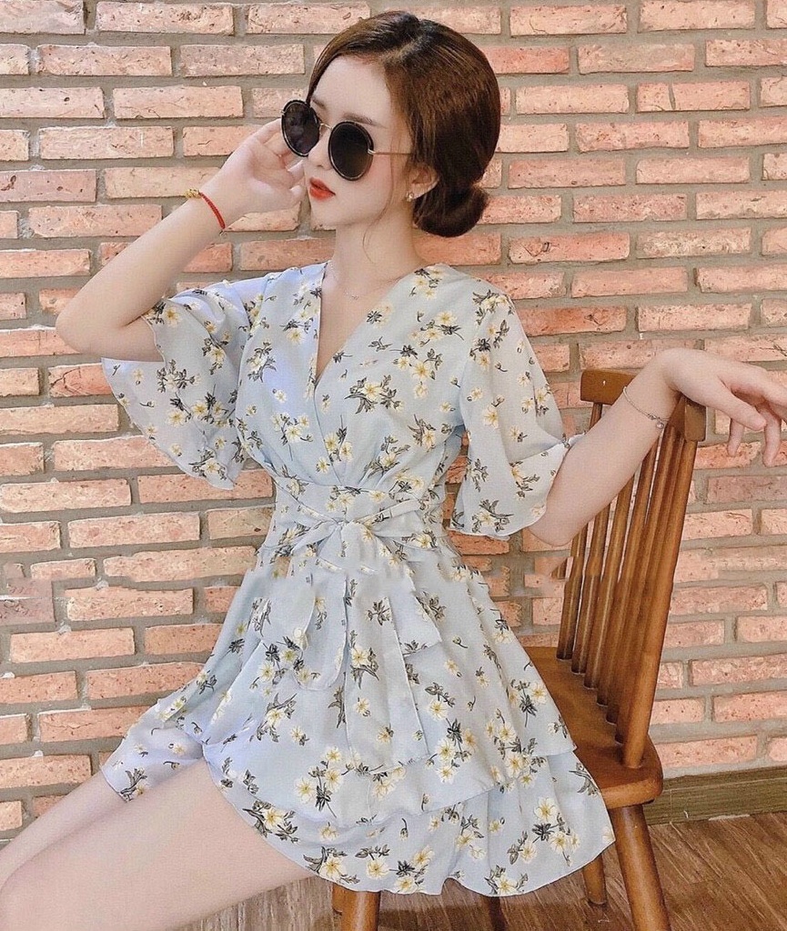 Đầm nữ ngắn lụa hoa tay lỡ cổ tim xinh xắn thời trang thiết kế lanchi lh065