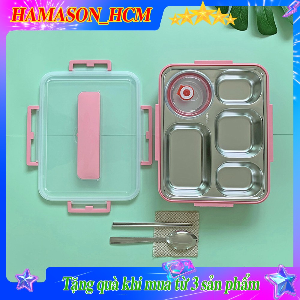 Khay Cơm Inox 304 5 Ngăn - Khay Có Nắp Nhựa PP Cùng Các Khớp Khóa Giữ Nhiệt Chống Tràn Tuyệt Đối - Màu Ngẫu Nhiên