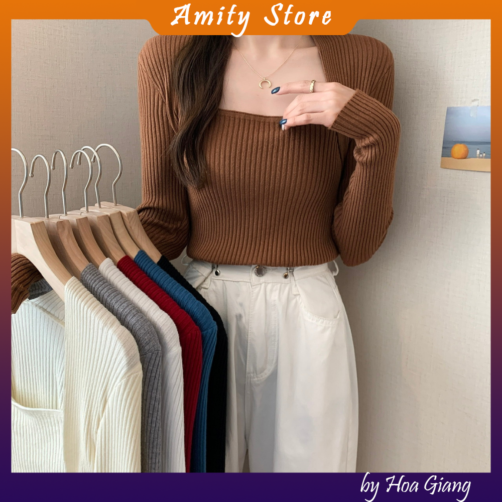 Áo len tăm dài tay, áo len nữ cổ vuông hàng quảng châu
