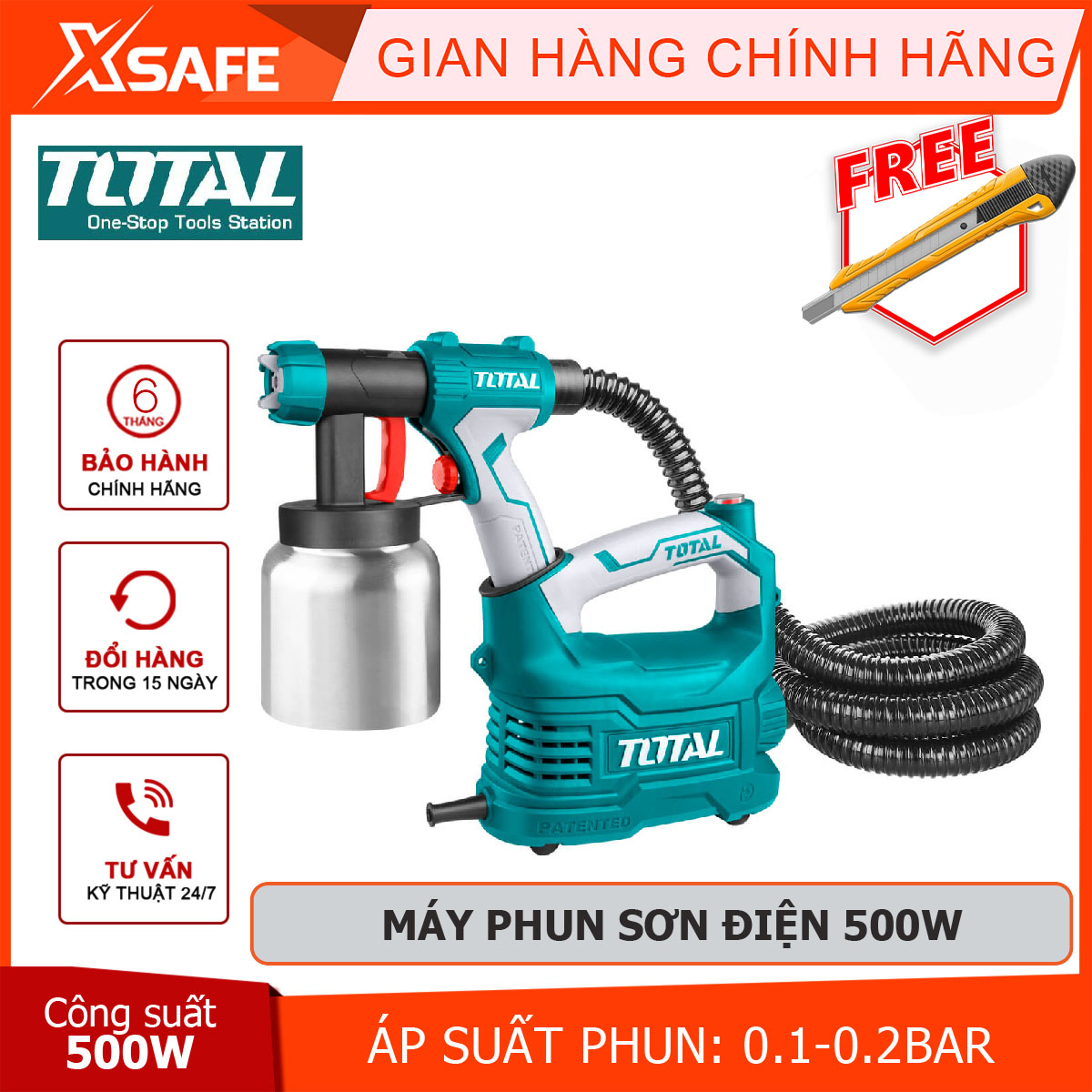 Máy phun sơn bình nhôm TOTAL TT5006-2 súng phun sơn 220-240V~50-60Hz, Công suất 350 W, 0.1-0.2 Bar, 380ml/phút, 50DIN-s sơn gỗ, sơn ô tô, nội thất, xe máy, ngành da, nhựa phun sơn mịn, đều, tiện lợi