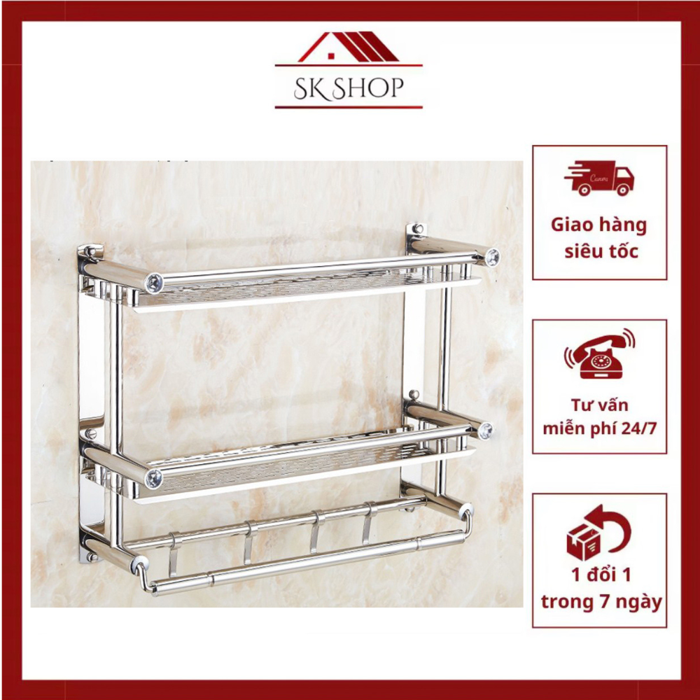 Kệ inox dán tường 2 tầng có móc treo 40cm, kệ nhà bếp đa năng, kệ nhà bếp gắn tường full inox
