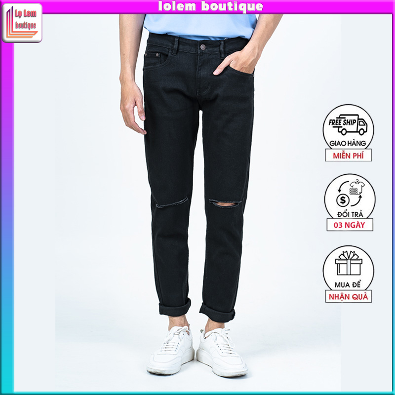Quần jean Nam rách gối đen trơn dáng ôm co giãn cao cấp thời trang hàn quốc - Lolem Boutique