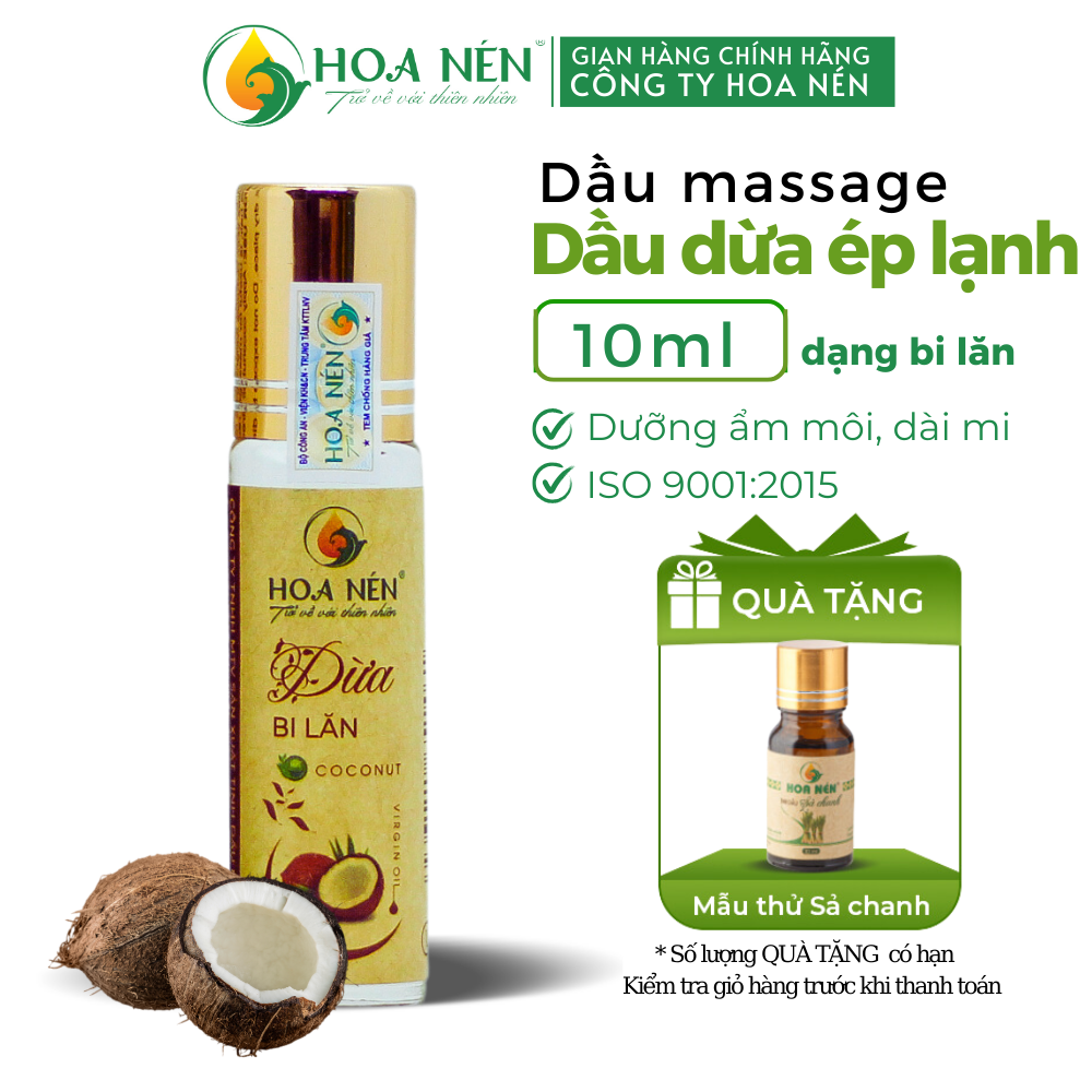 Dầu Dừa nguyên chất ép lạnh dạng lăn 10ml - Hoa Nén - Vegan - Massage, dưỡng ẩm