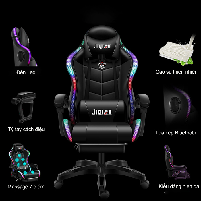 Ghế gaming bọc da cao cấp chơi game có massage 7 điểm đèn led, loa, có gác chân, chân inox kết nối bluetooth
