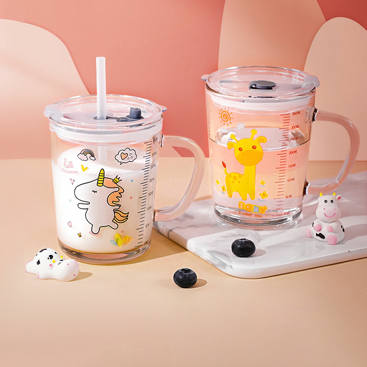 Cốc Chia Vạch Thuỷ Tinh Cốc Pha Sữa Cho Bé Có Ống Hút Silicon Dùng Cho Bé Tập Uống 400ml, Nếu có hư hỏng sẽ bồi thường 100% BEAU4