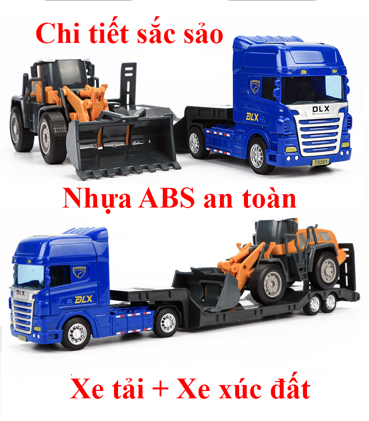 Xe đồ chơi mô hình xe đầu kéo chở xe xúc đất (gồm 2 xe) nhựa ABS an toàn, chi tiết sắc sảo, kích thước lớn, kích thích trí não phát triển cho bé.