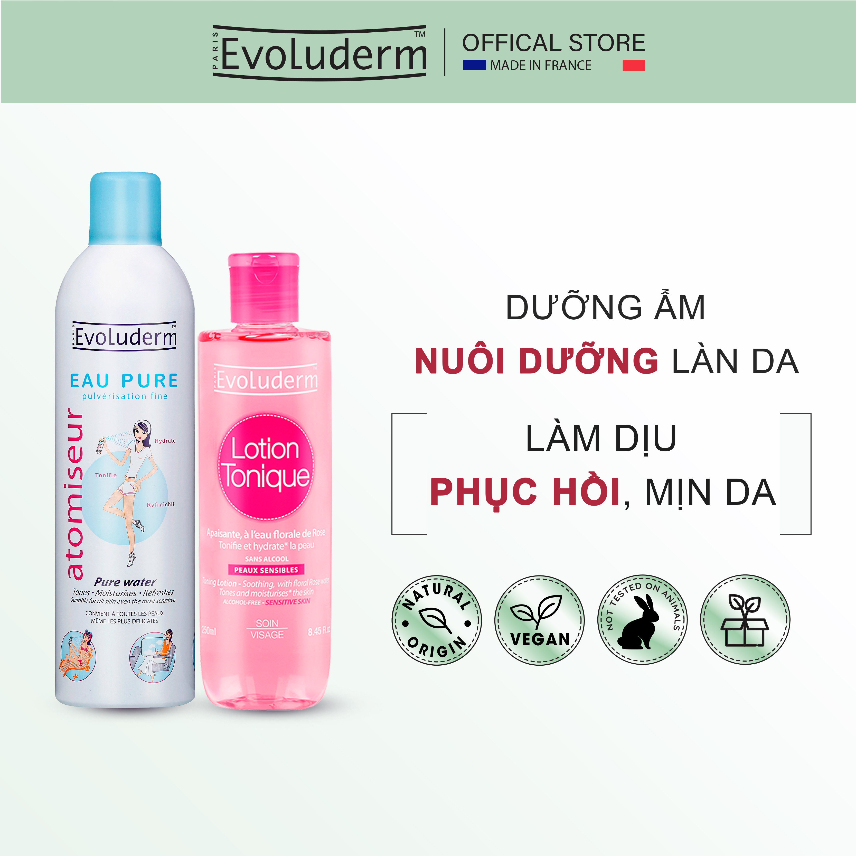 Bộ 2 sản phẩm Xịt Khoáng Evoluderm cấp ẩm 400ml và Nước Hoa Hồng Evoluderm dành cho da khô và nhạy cảm 250ml