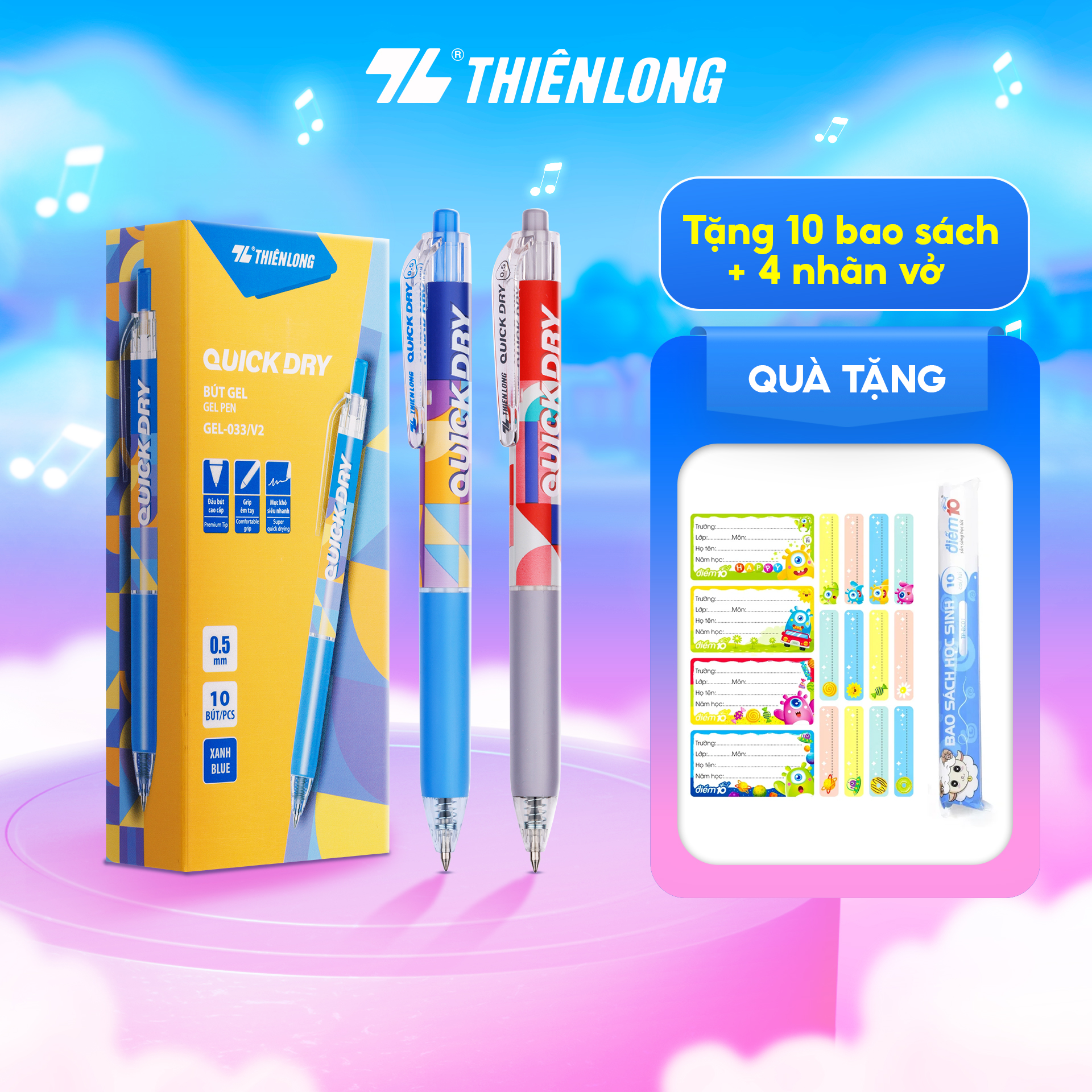 Combo 5/10/20 bút gel quick dry thiên long gel-033/v2 phiên bản đặc biệt - mực khô siêu nhanh - họa tiết thời trang