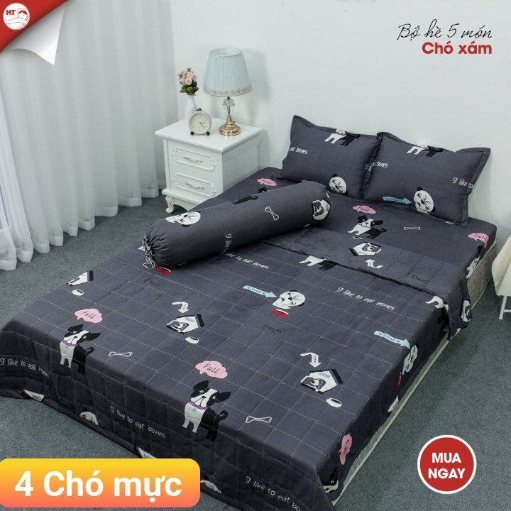 TRỌN BỘ CHĂN GA GỐI COMBO 5 MÓN - 4 MÓN CHO XÁM -(1 ga + 2 vỏ gối nằm +1 vỏ gối ôm + 1 chăn)