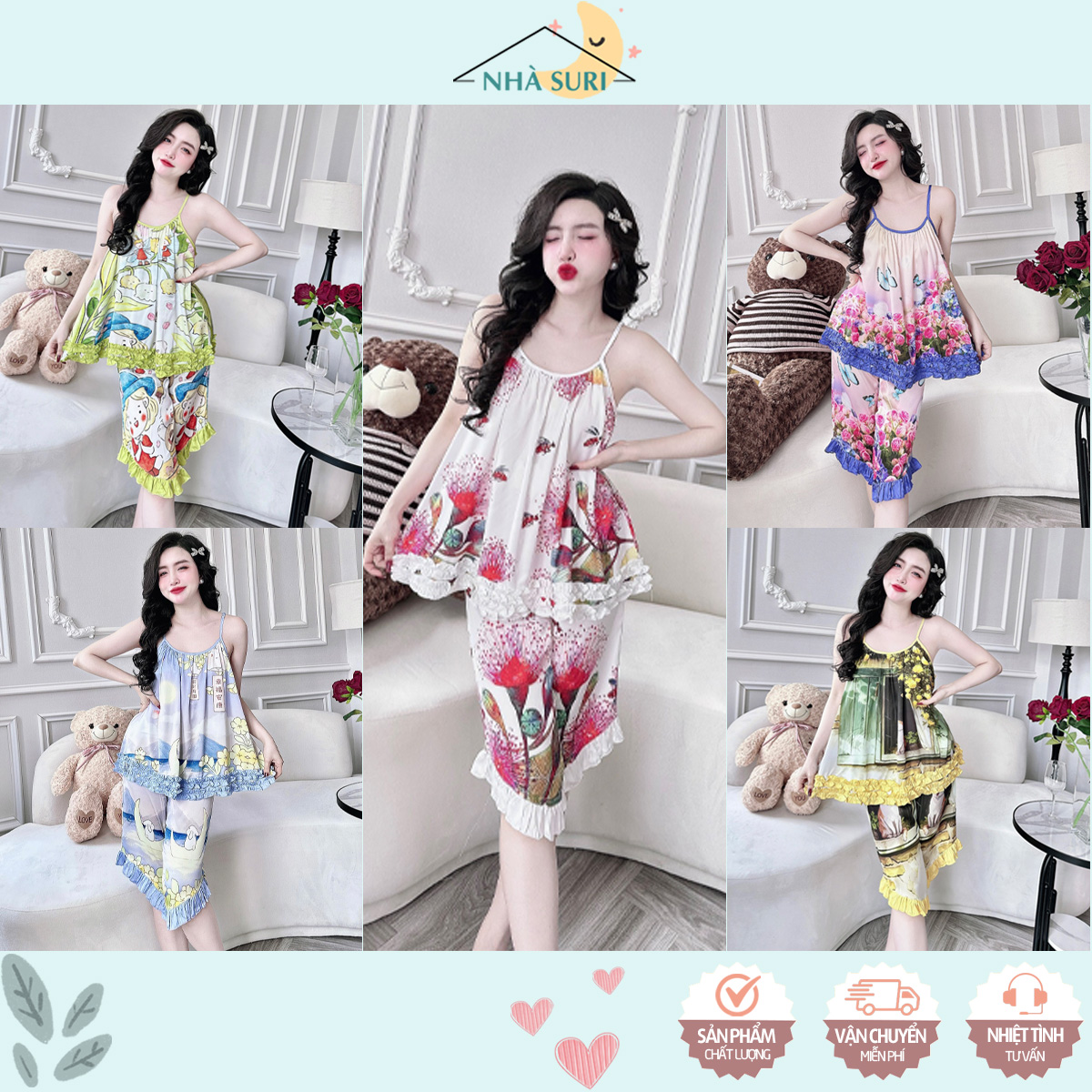 Đồ bộ mặc nhà pizama 2 dây quần lửng lụa mịn nhiều họa tiết dễ thương floris homewear