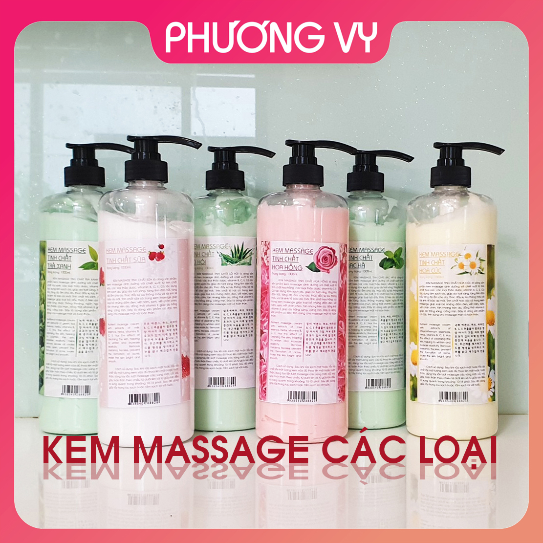 1000ml kem massage các loại hoa hồng, hoa cúc, sữa, trà xanh, lô hội, bạc hà.
