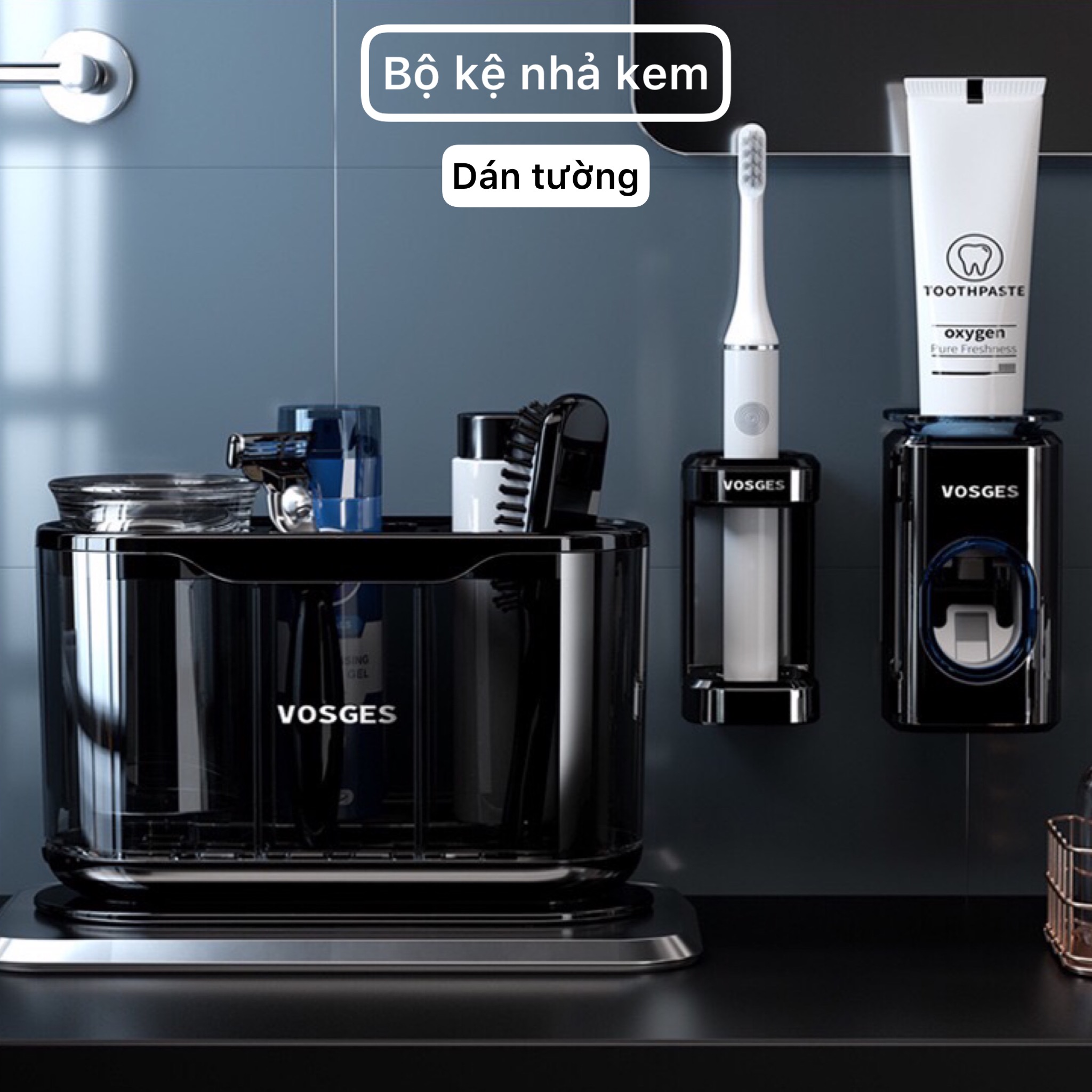 Kệ dán tường nhà tắm kèm cốc súc miệng để bàn chải đánh răng điện