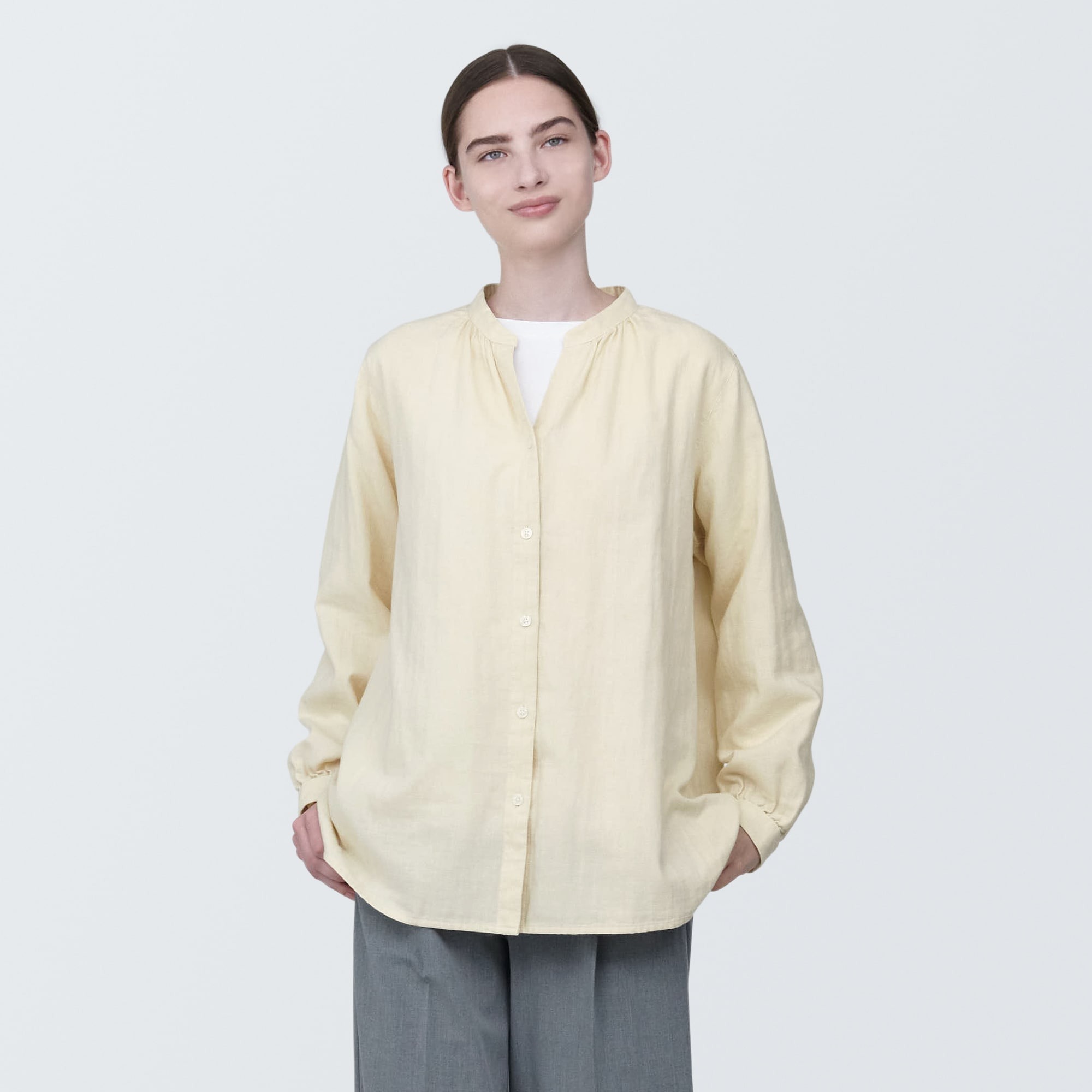 Muji áo kiểu vải xô kapok 2 lớp tay dài