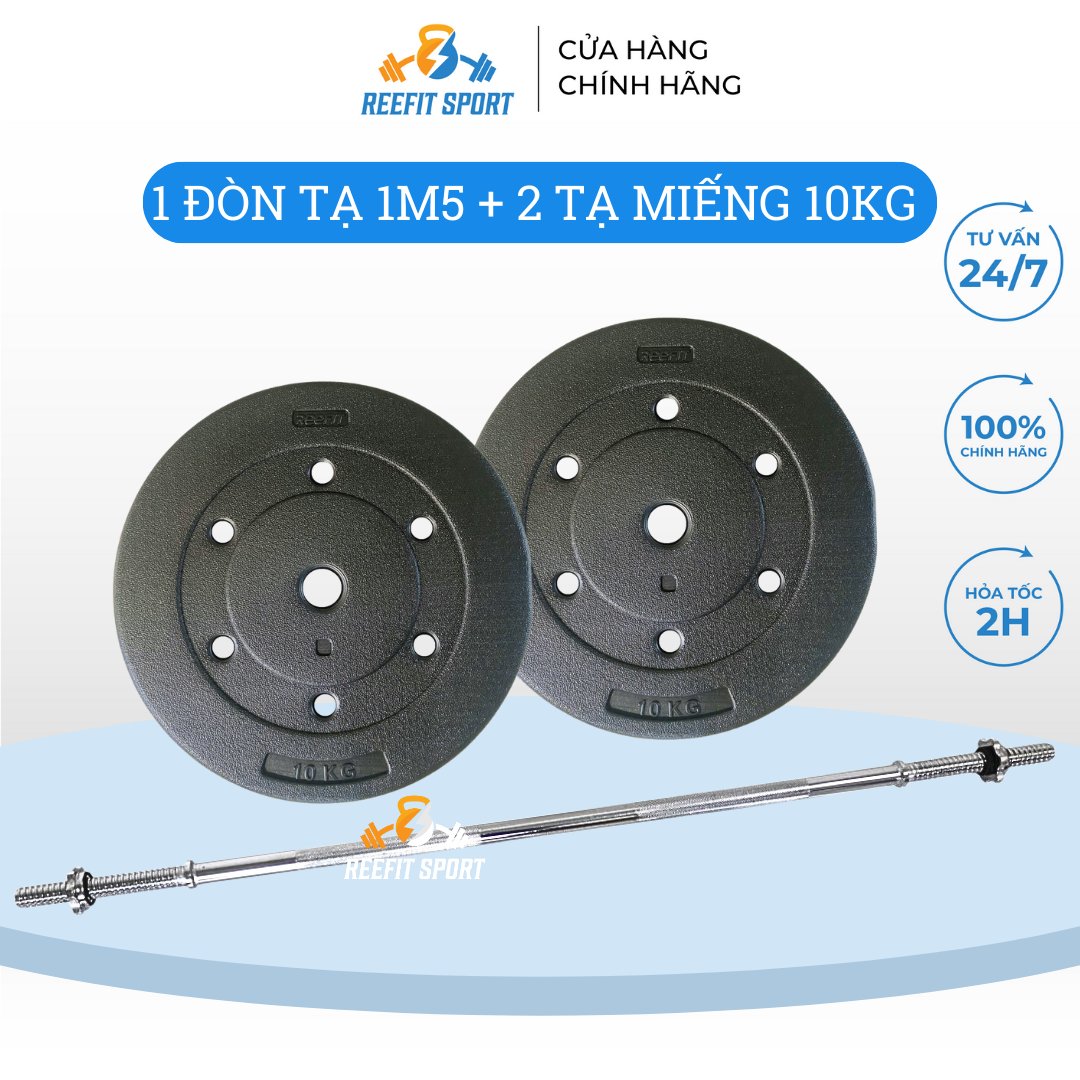 Bộ đòn tạ dài 1m5 và 20kg tạ miếng nhựa đen (2 miếng 10Kg)