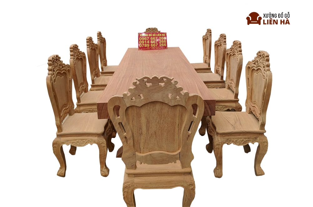 Đặt hàng Bộ bàn ăn nguyên khối gỗ Gõ Đỏ 280x94x14cm và 10 ghế louis Hoàng gia Giá sản phẩm: 68.000.000 đ