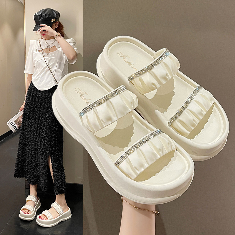 Dép nữ đế cao 5cm, dép 2 quai ngang quai chun đính đá thời trang hai màu kem, đen