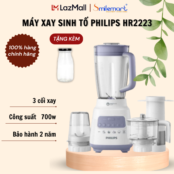[BH chính hãng 2 NĂM] Máy xay sinh tố Philips HR2223/00, 700W - Bộ 3 cối xay - 5 chế độ cài đặt - Xay đá nhỏ - Xay các loại hạt gia vị và thịt