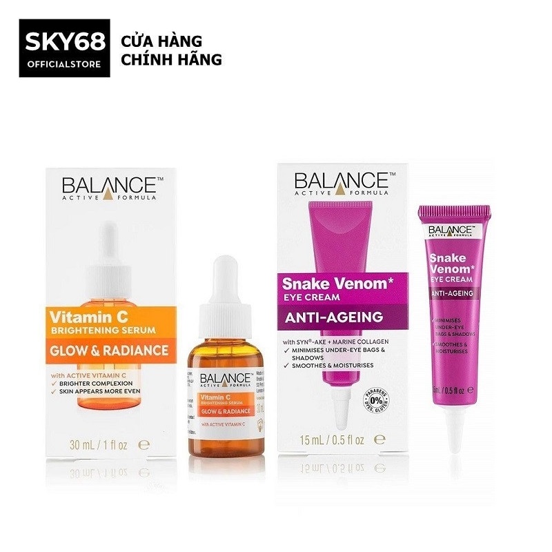 Combo Serum Trắng Da Balance VitaminC Brightening và Kem Dưỡng Mắt Nọc Rắn Balance Active Formula Snake Venom